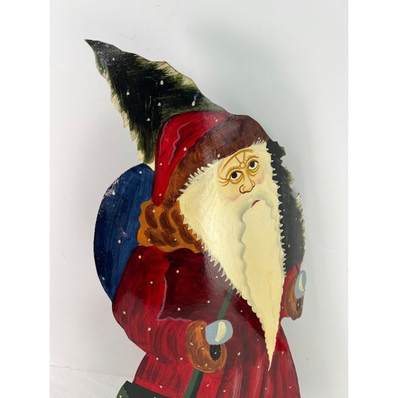 Old World Santa Claus St. Nicholas Hand Painted Tin Metal 21" Tall Rustic Free S - Picture 2 of 5